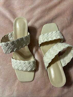 Woven Double-Strap Slide Sandals in Ivory